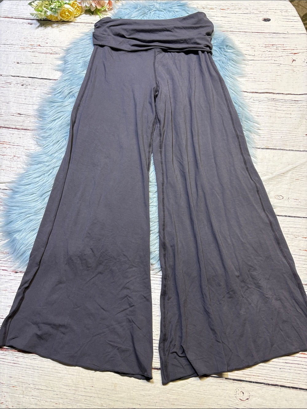 Caraucci Jersey Fold-Over Waist Wide-Leg  Grey Pants sz L